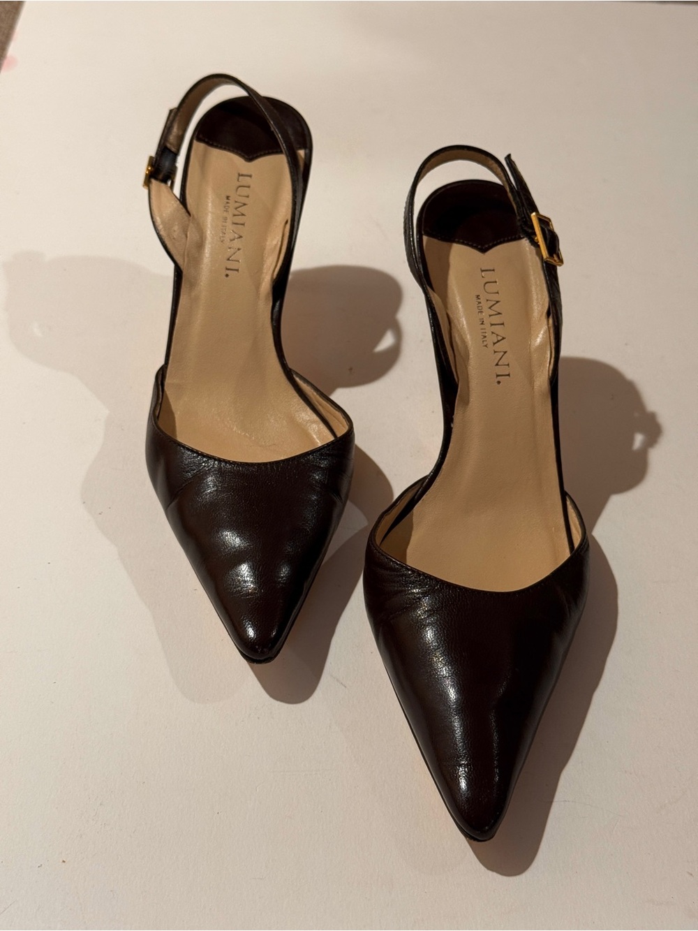 Lumiani Women's Pointed Slingback Pumps Dark Brown Leather Size 6 Italian Made